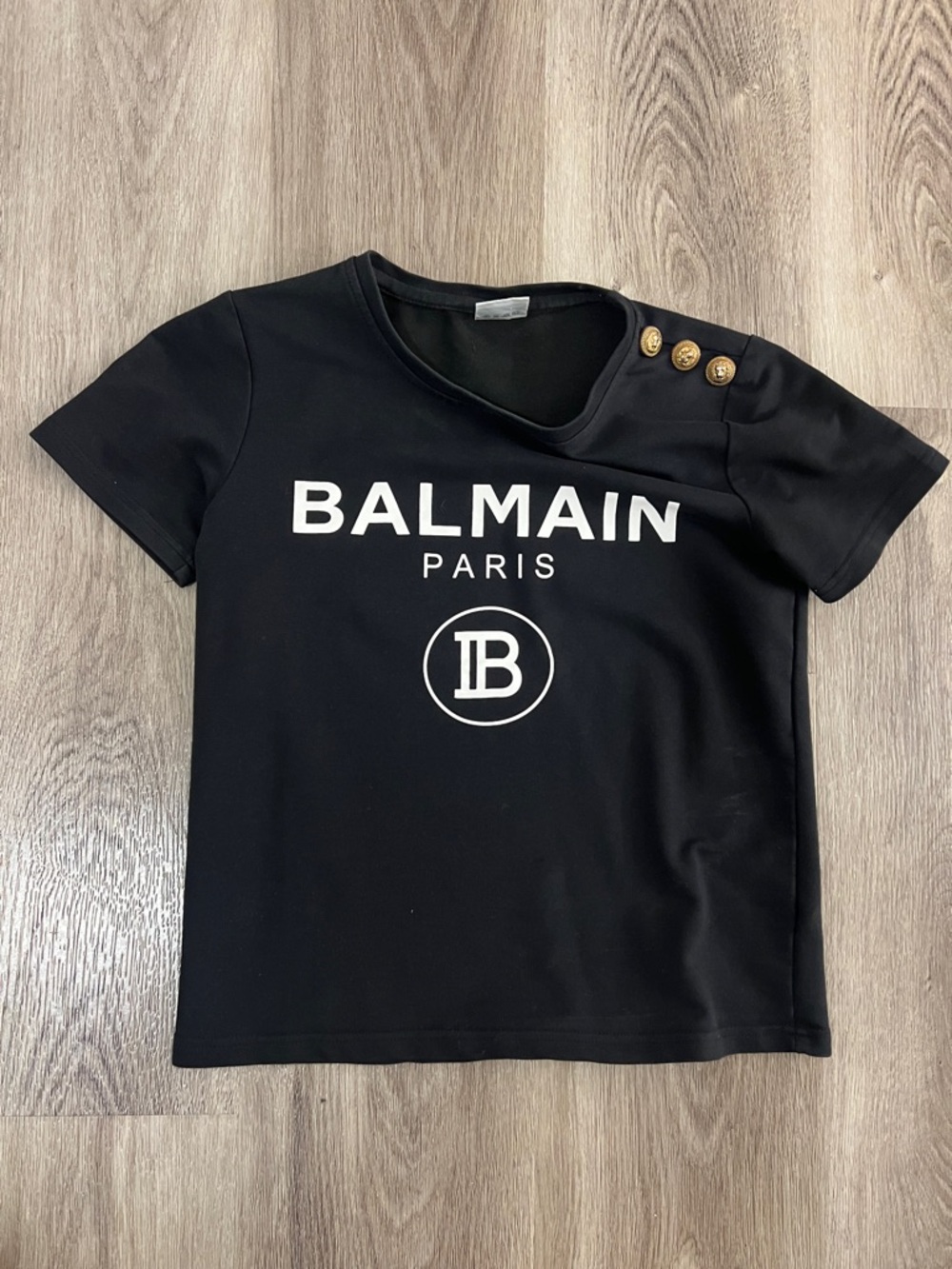 Balmain Black Short Sleeve Logo Tee with Gold Buttons
